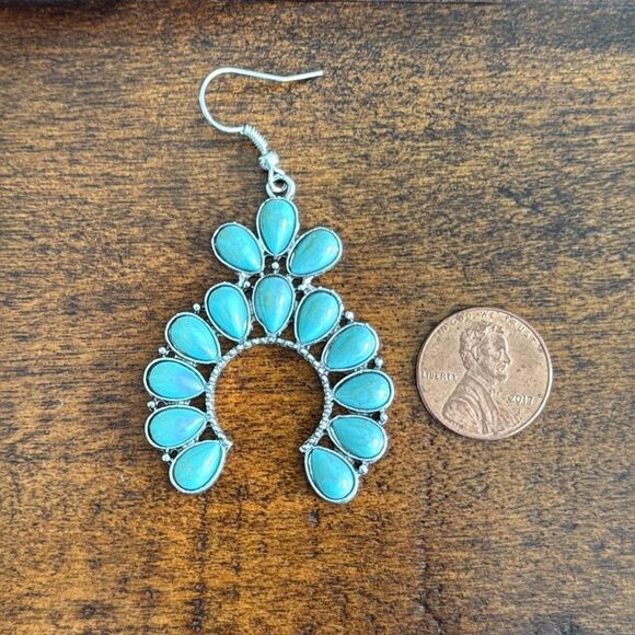 Western Cluster Earrings – Turquoise Accents, 2.5” Drop, Zuni Style Crescent - Picture 8 of 9